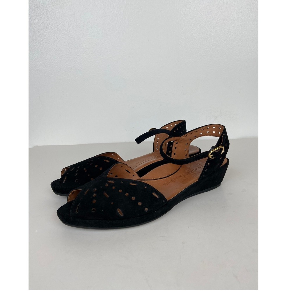 L'amour Des Pieds Brenn Size 8M Black Suede Laser Cut Peep Toe Wedge Sandals - Picture 3 of 10